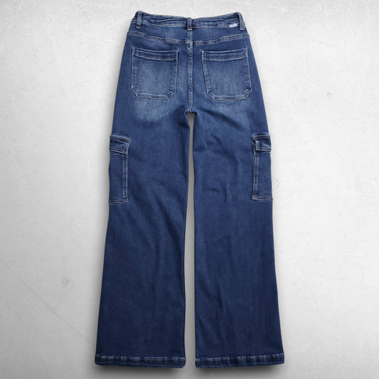 Risen Wide Leg Cargo Jeans Faded Stretch Women Jr 5/27 Medium Blue Boho Festival