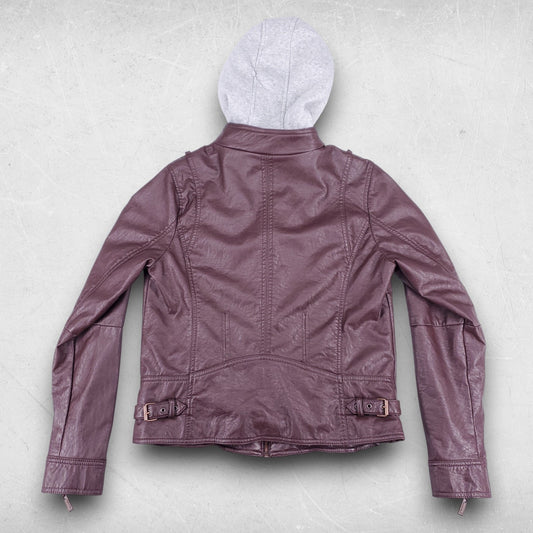 J2 Faux Leather Jacket Women L Burgundy Zip In Hood Faux Fur Lined Edgy Biker