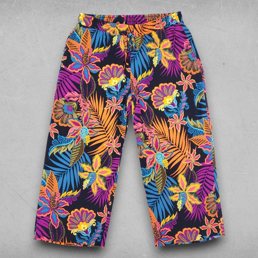 Philosophy Pants Women 1X Bright Tropical Print Cropped Wide Leg Drawstring Boho