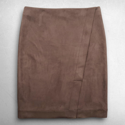 ANN TAYLOR Faux Suede Skirt Women 14 Brown Wrap Style Lined Back Zip Front Slit