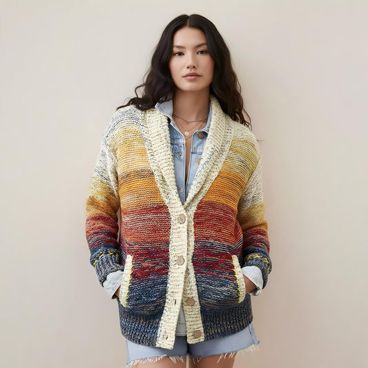 Anthropologie Pilcro Cardigan Large Ombre Sunset Knit Shawl Collar Boho Cottage