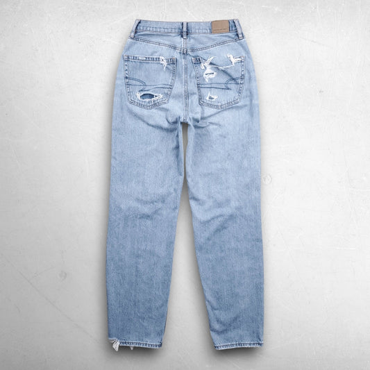 American Eagle Baggy Jeans Women 2 Blue Distressed Faded Stretch Grunge Retro