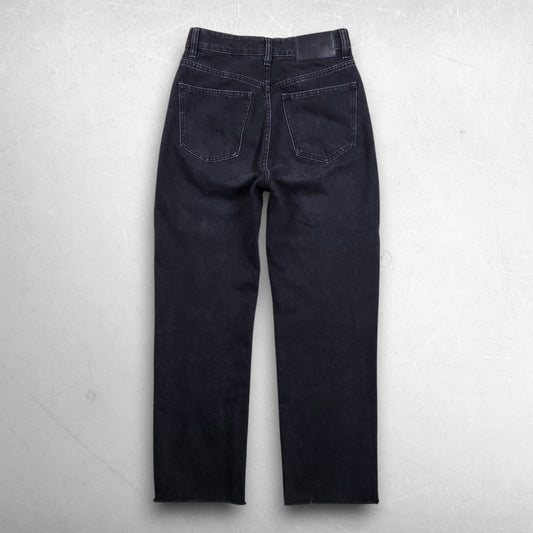 ZARA TRF High Rise Straight Crop Jean Women 2 Black Cotton Button Fly Frayed Hem