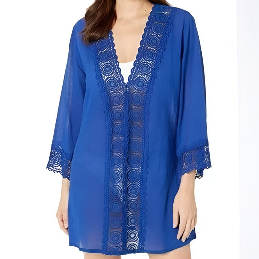 La Blanca Island Fare Crochet Coverup Tunic Women XL Blue Deep V-neck 3/4 Sleeve