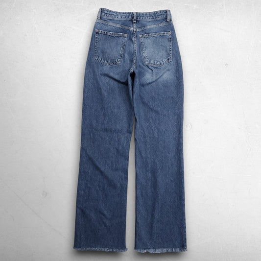 Zara Straight Leg Jeans High Rise Frayed Hem Faded Stretch Women 6 Md Blue