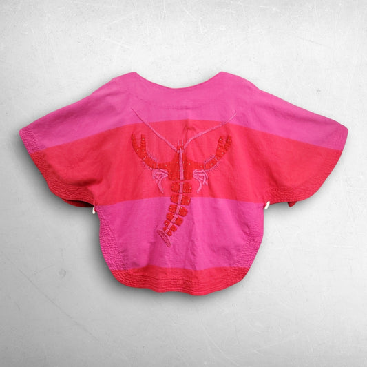 Modas Tropicana Lobster Pullover Poncho Top Women OS Pink Red Embroidered VTG