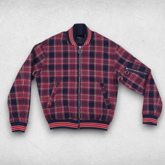 Zara Knit Bomber Jacket Men S Red Plaid Zip Pockets Grunge Streetwear Punk Ska