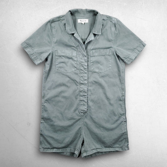 Madewell Garment-Dyed Coverall Romper Women S Green Short Sleeve Pockets Utility