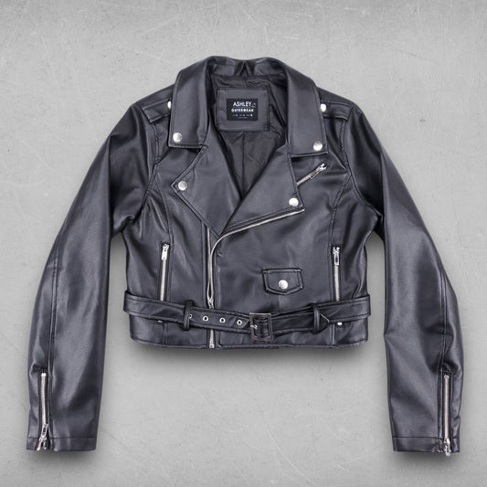 Ashley Biker Jacket Women L Black Faux Leather Belted Offset Zipper Cropped Edgy
