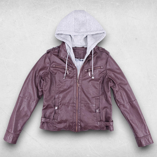 J2 Faux Leather Jacket Women L Burgundy Zip In Hood Faux Fur Lined Edgy Biker