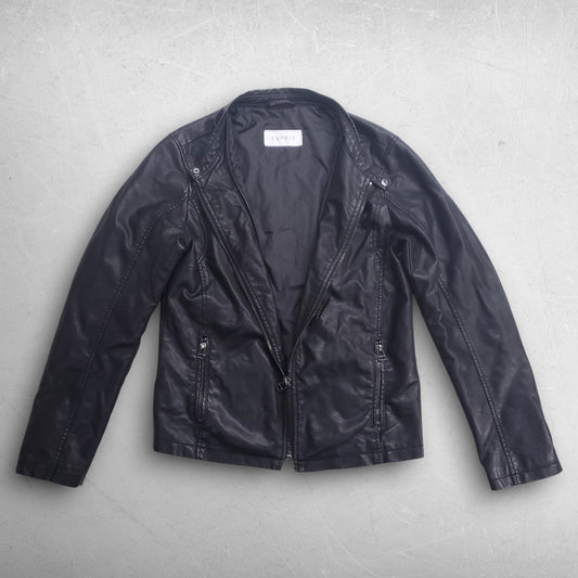 Esprit Faux Leather Jacket Removable Hood Satin Lined Women S Black Edgy Biker