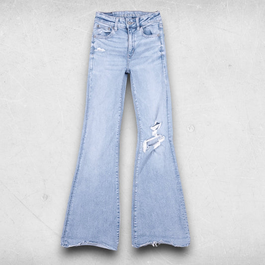 American Eagle Jeans Women 00 Blue Super High Rise Flare Distressed Boho Grunge