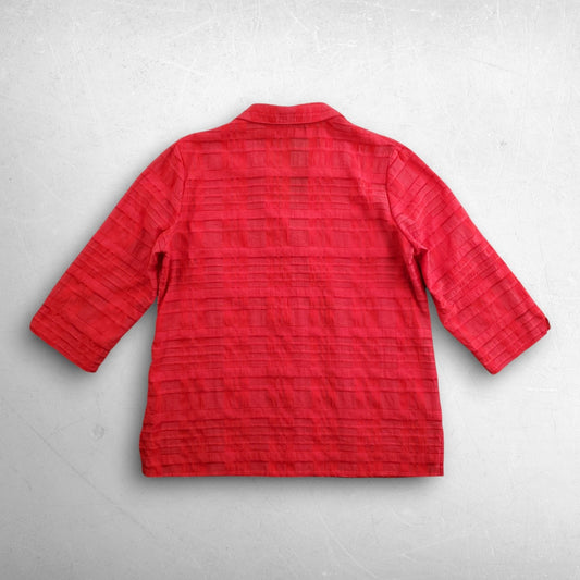 White Stag Shirt Women L Red Textured Button Front 3/4 Sleeve Semi-Sheer Office