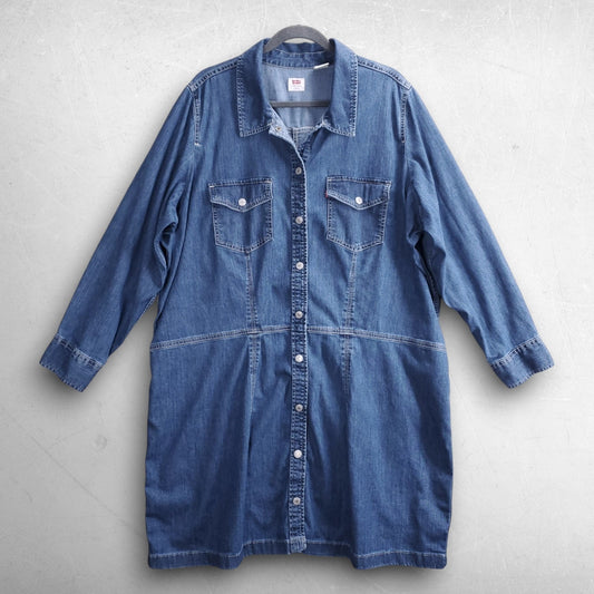 Levis Flynn Western Core Dress Women 3X Blue Snap Up Flap Pockets Long Sleeve