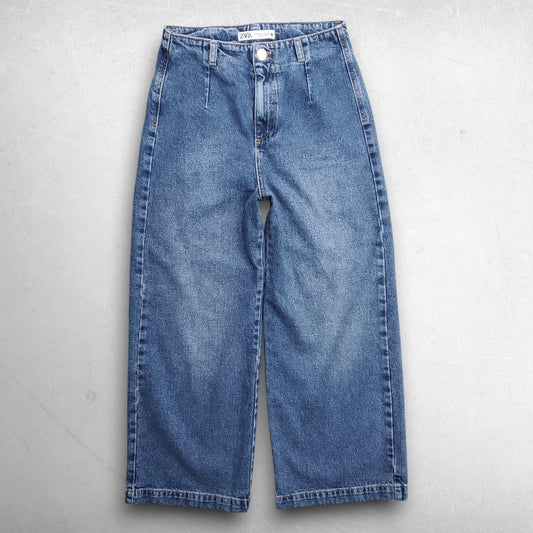 Zara High Rise Wide Leg Crop Jeans Pleated Waist Flat Front Women 4 Medium Blue