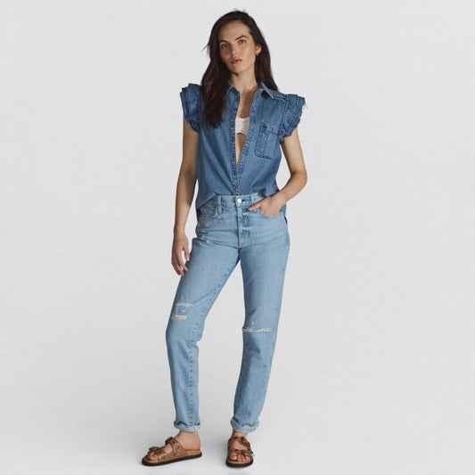 AMO Low Down Jeans Relaxed Straight Leg Distressed Women 27 Lt Blue Clean Girl