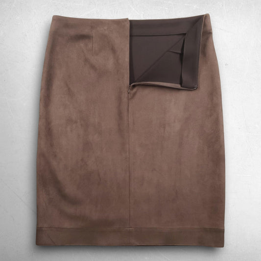 ANN TAYLOR Faux Suede Skirt Women 14 Brown Wrap Style Lined Back Zip Front Slit