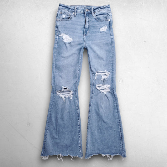 American Eagle Super Hi-Rise Flare Jeans Distressed Raw Hem Women 4 Short Blue