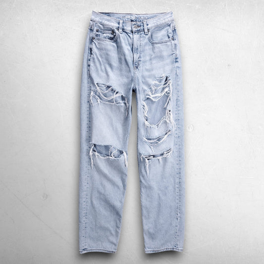 American Eagle Baggy Jeans Distressed High Rise Stretch Women 4 Lt Blue Grunge