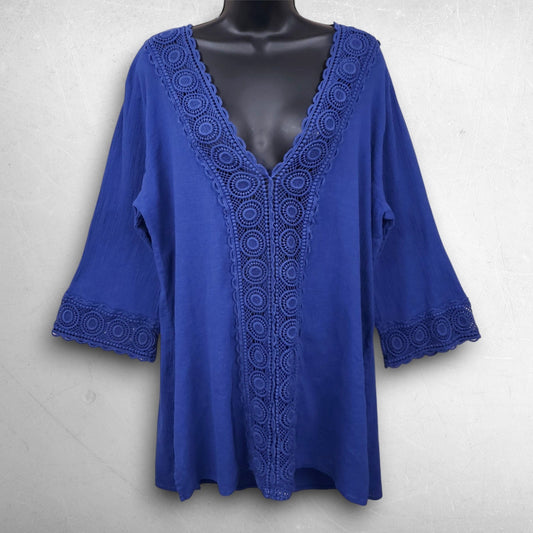 La Blanca Island Fare Crochet Coverup Tunic Women XL Blue Deep V-neck 3/4 Sleeve