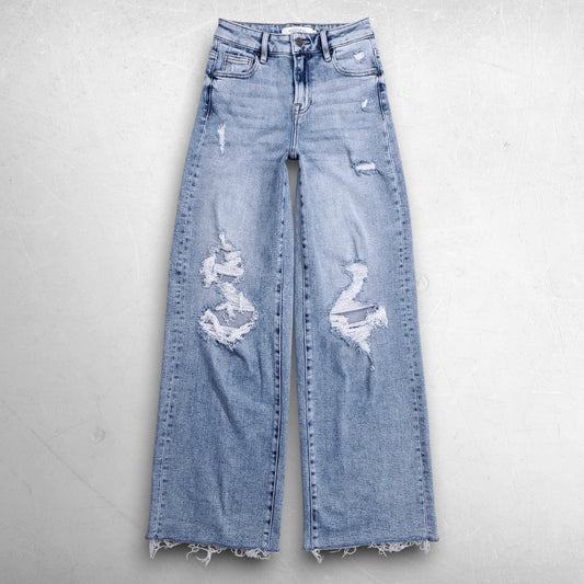 Hidden Nori Wide Leg Jeans Distressed Raw Hem Stretch Women 22 Lt Blue Baggy