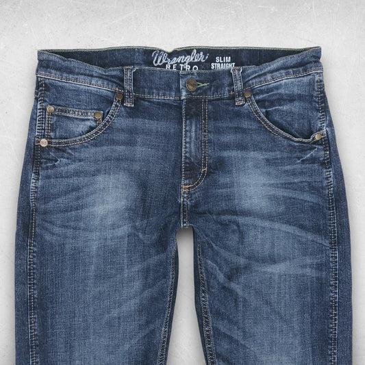 Wrangler Retro Jeans Men 33 Dk Blue Slim Straight Faded Streetwear Western Denim
