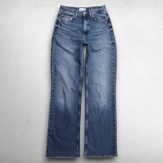 Zara Straight Leg Jeans High Rise Frayed Hem Faded Stretch Women 6 Md Blue