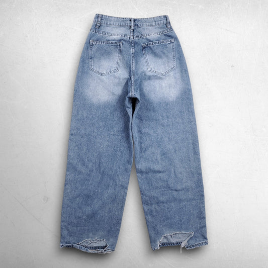 Dazy Wide Leg Jeans Women S Blue Wash Stretch Faded Distressed Hem Skater Grunge