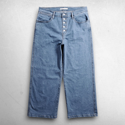 Levis Mile High Cropped Wide Leg Jeans Women 32 Blue Stretch Exposed Button Fly