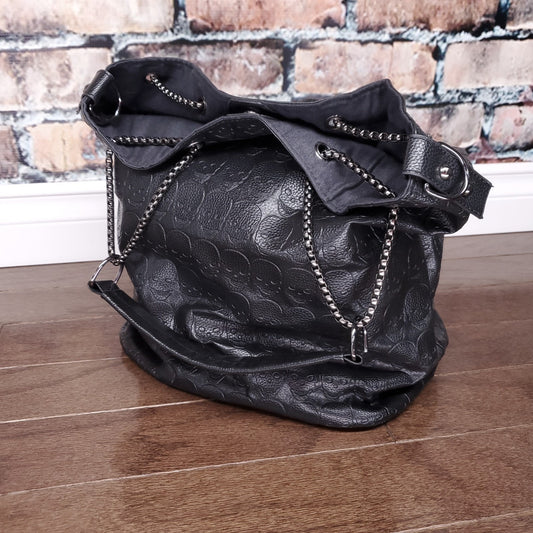 Skull Embossed Bucket Bag Tote Black Shopper Purse Chain Gothic Punk Alternative