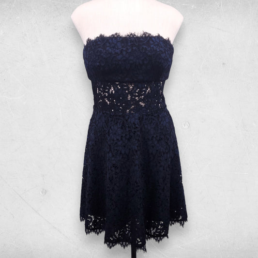 BEBE Lace Overlay Strapless Bustier Dress Sleeveless Corset Sz 4 Blue Black Y2K