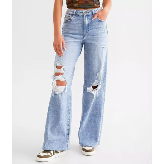 Hidden Nori Wide Leg Jeans Distressed Raw Hem Stretch Women 22 Lt Blue Baggy