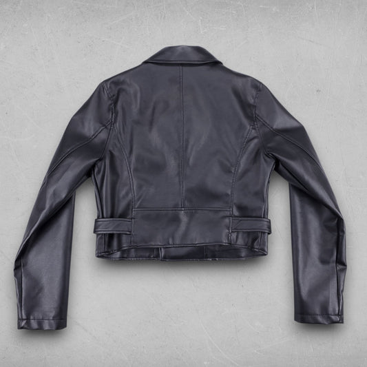 Ashley Biker Jacket Women L Black Faux Leather Belted Offset Zipper Cropped Edgy