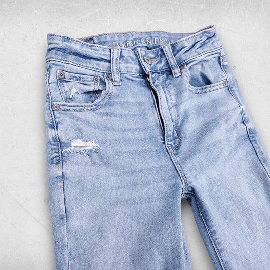 American Eagle Jeans Women 00 Blue Super High Rise Flare Distressed Boho Grunge