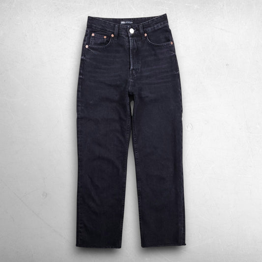 ZARA TRF High Rise Straight Crop Jean Women 2 Black Cotton Button Fly Frayed Hem