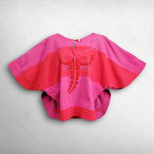 Modas Tropicana Lobster Pullover Poncho Top Women OS Pink Red Embroidered VTG
