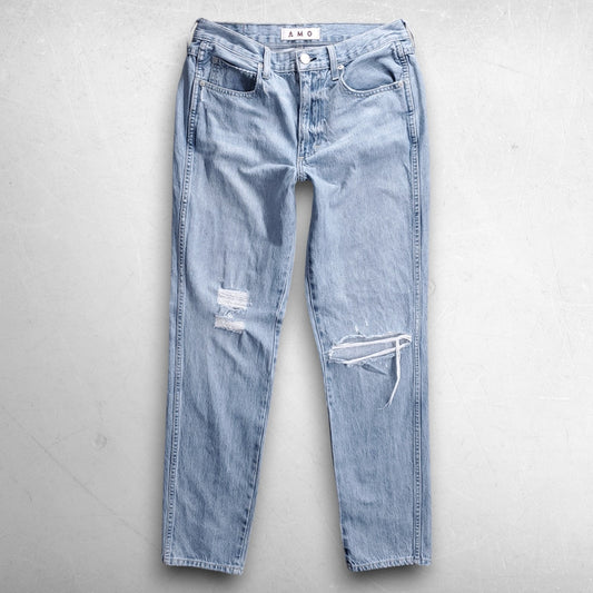 AMO Low Down Jeans Relaxed Straight Leg Distressed Women 27 Lt Blue Clean Girl